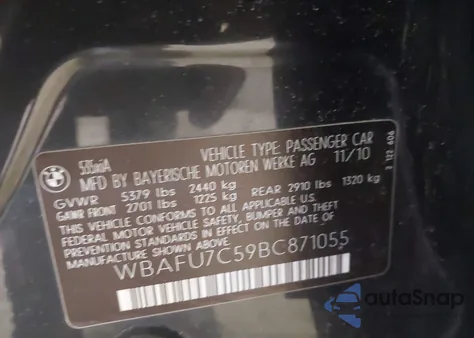 2011 BMW 535I xDrive из США, поврежденный, VIN WBAFU7C59BC871055